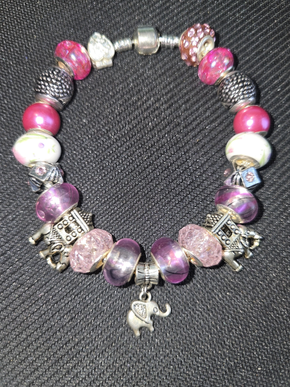 Pink 💖 Charm Beaded Bracelet with three Elephant  Charms, Custom One of a Kind!